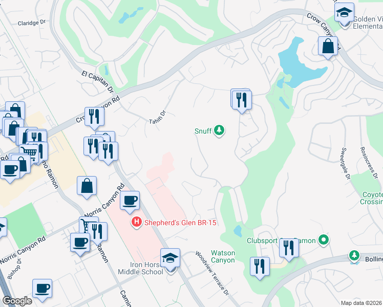 map of restaurants, bars, coffee shops, grocery stores, and more near 180 Canyon Lakes Way in San Ramon