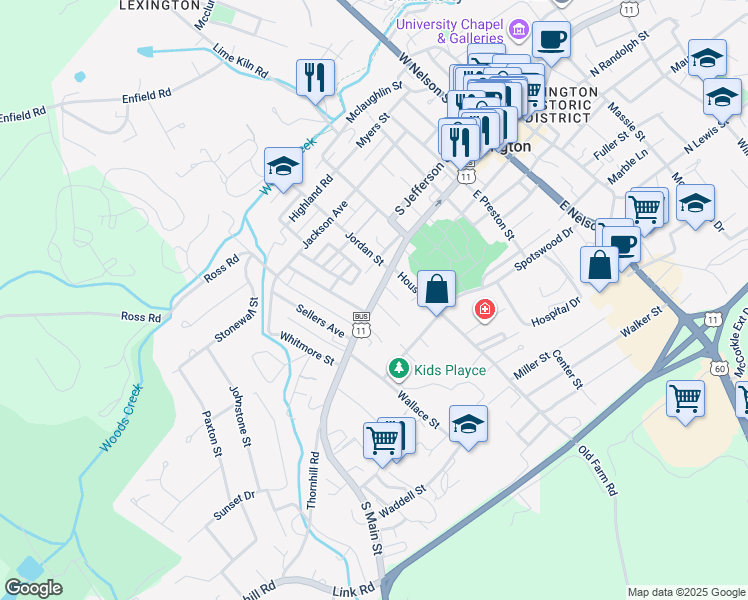 map of restaurants, bars, coffee shops, grocery stores, and more near South Main Street in Lexington