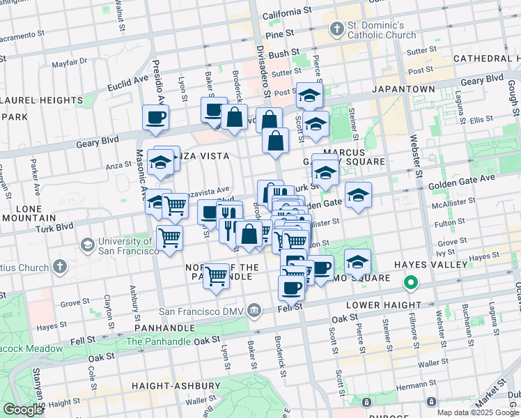 map of restaurants, bars, coffee shops, grocery stores, and more near 935 Broderick Street in San Francisco