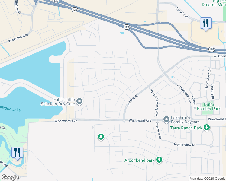 map of restaurants, bars, coffee shops, grocery stores, and more near 3277 Nightfall Drive in Manteca