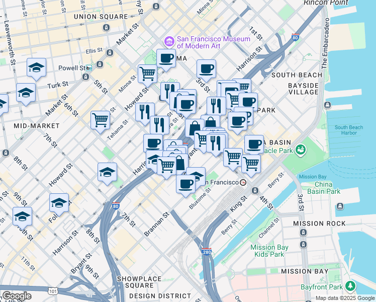 map of restaurants, bars, coffee shops, grocery stores, and more near 660 Bryant Street in San Francisco
