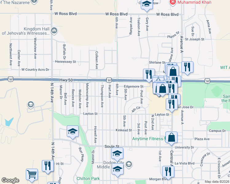 map of restaurants, bars, coffee shops, grocery stores, and more near 2507 6th Avenue in Dodge City