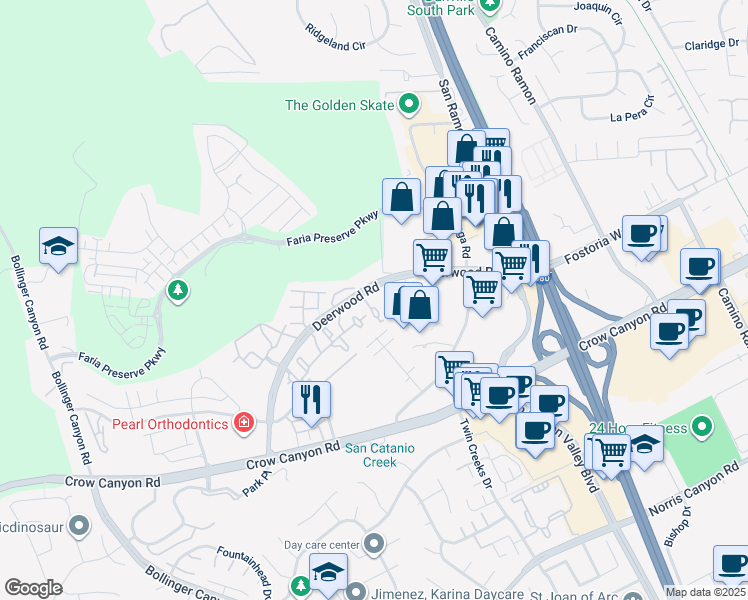 map of restaurants, bars, coffee shops, grocery stores, and more near 122 Stone Pine Lane in San Ramon