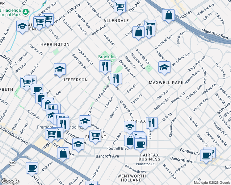 map of restaurants, bars, coffee shops, grocery stores, and more near 4634 Congress Avenue in Oakland