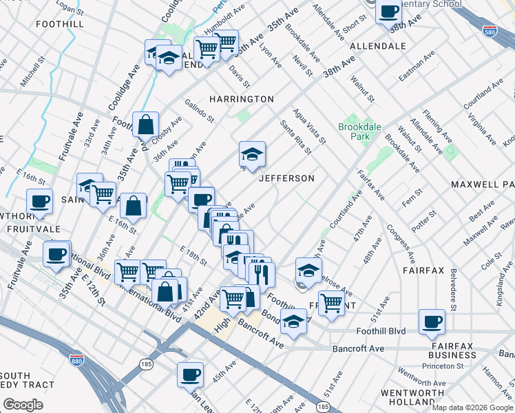 map of restaurants, bars, coffee shops, grocery stores, and more near 2035 Rosedale Avenue in Oakland