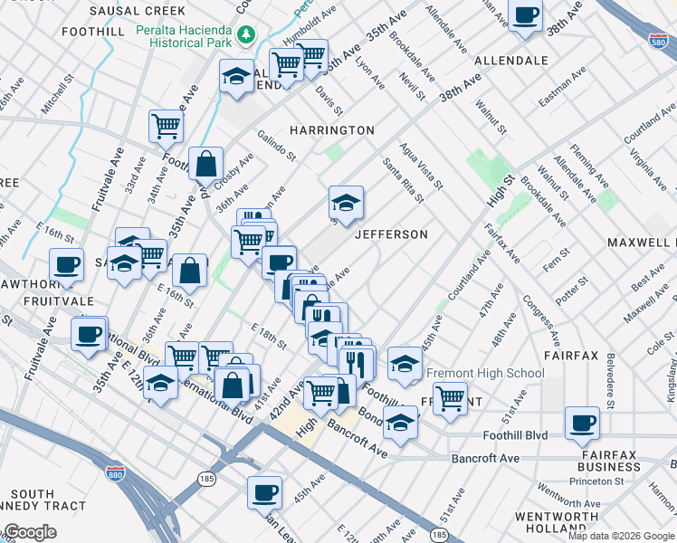 map of restaurants, bars, coffee shops, grocery stores, and more near 2035 Rosedale Avenue in Oakland