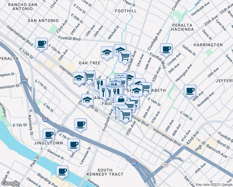 map of restaurants, bars, coffee shops, grocery stores, and more near 1479 Fruitvale Avenue in Oakland