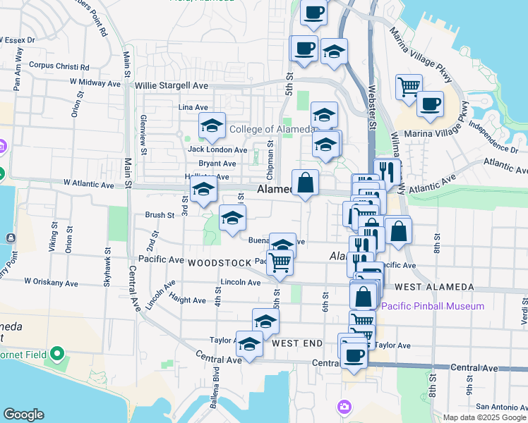 map of restaurants, bars, coffee shops, grocery stores, and more near 465 Buena Vista Avenue in Alameda