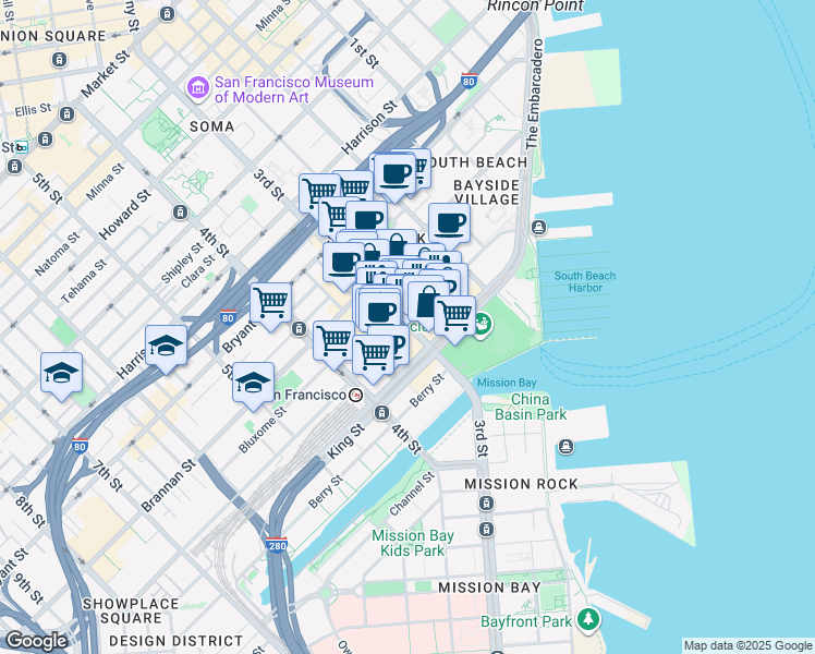 map of restaurants, bars, coffee shops, grocery stores, and more near in San Francisco