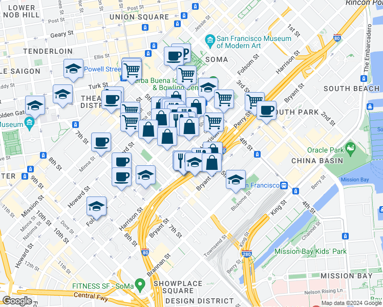 map of restaurants, bars, coffee shops, grocery stores, and more near 222 Clara Street in San Francisco