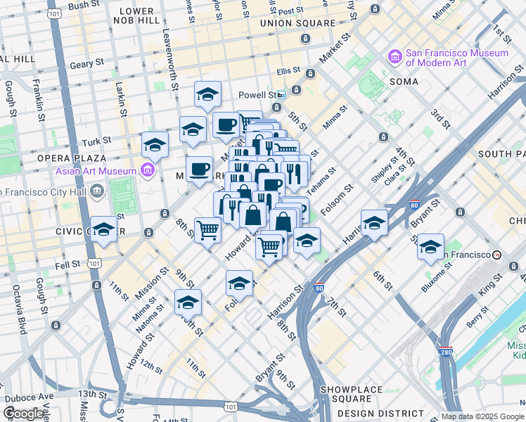 map of restaurants, bars, coffee shops, grocery stores, and more near 563 Natoma Street in San Francisco