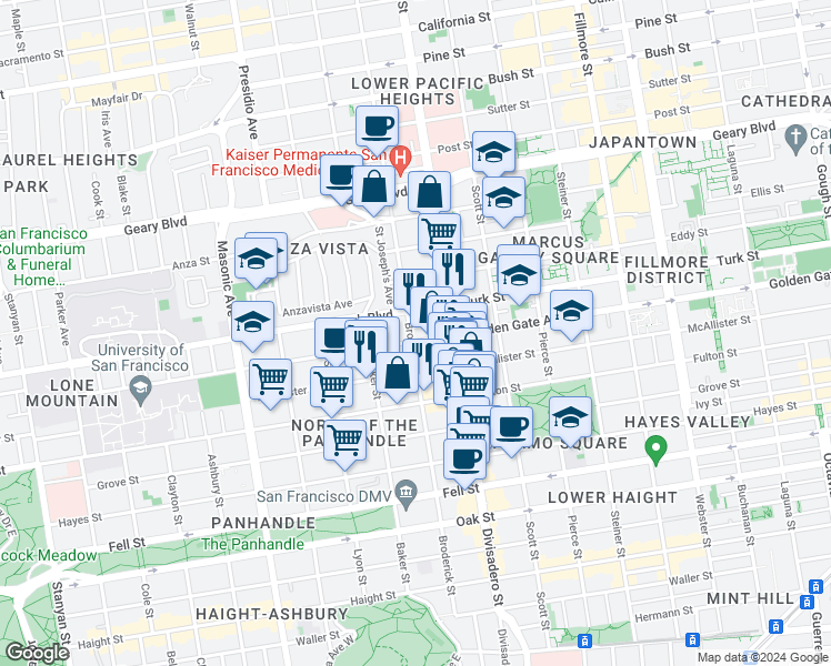 map of restaurants, bars, coffee shops, grocery stores, and more near 935 Broderick Street in San Francisco