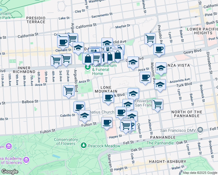 map of restaurants, bars, coffee shops, grocery stores, and more near 401 Parker Avenue in San Francisco