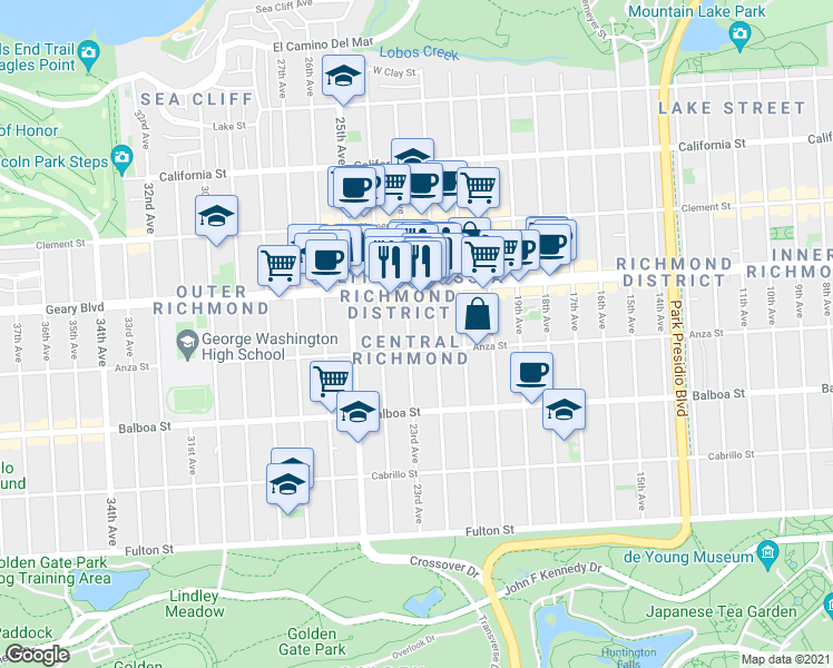 map of restaurants, bars, coffee shops, grocery stores, and more near 460A 23rd Avenue in San Francisco