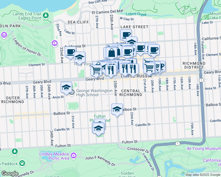 map of restaurants, bars, coffee shops, grocery stores, and more near 550 26th Avenue in San Francisco