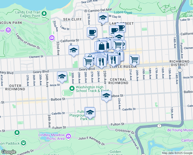 map of restaurants, bars, coffee shops, grocery stores, and more near 550 26th Avenue in San Francisco