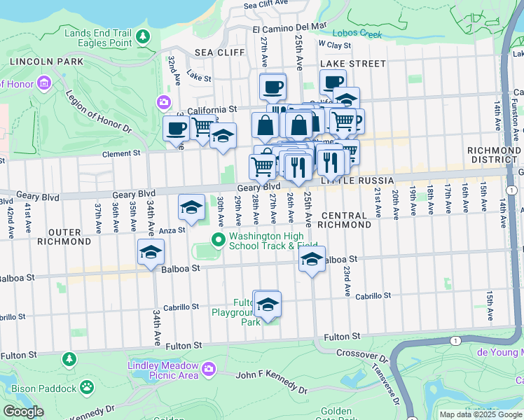 map of restaurants, bars, coffee shops, grocery stores, and more near 553 27th Avenue in San Francisco