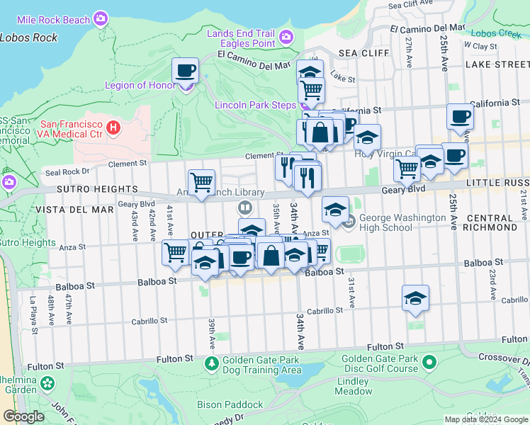 map of restaurants, bars, coffee shops, grocery stores, and more near 530 36th Avenue in San Francisco