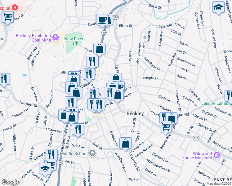 map of restaurants, bars, coffee shops, grocery stores, and more near 108-110 East Prince Street in Beckley