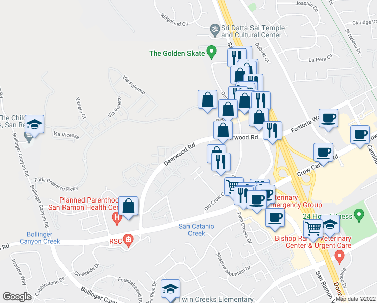 map of restaurants, bars, coffee shops, grocery stores, and more near 122 Stone Pine Lane in San Ramon