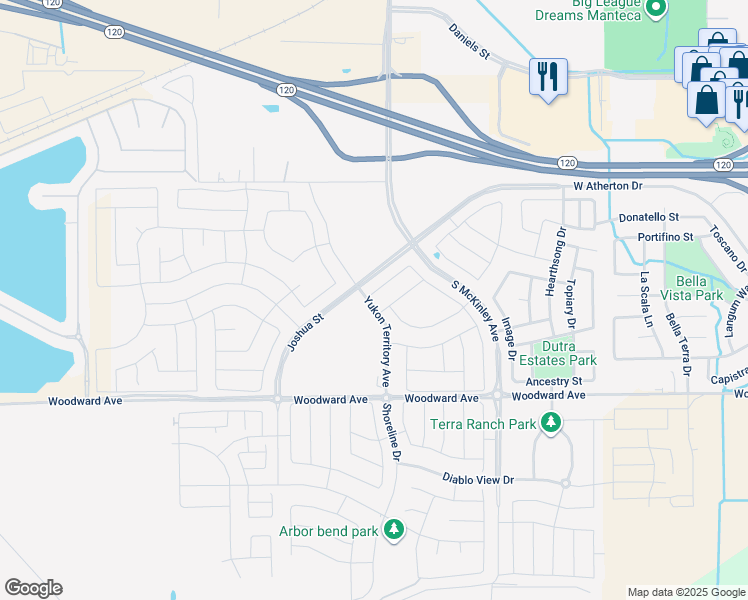 map of restaurants, bars, coffee shops, grocery stores, and more near 2998 Girdwood Street in Manteca