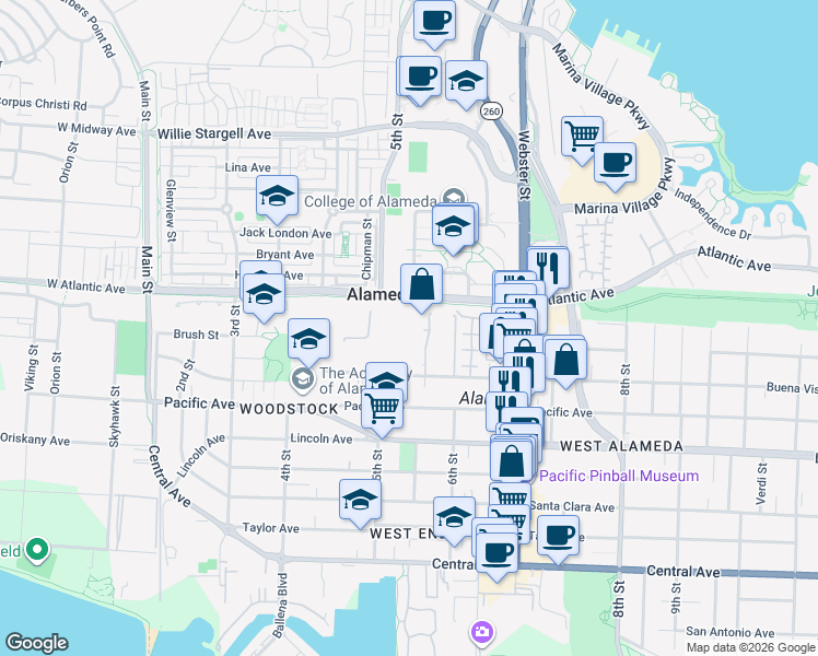 map of restaurants, bars, coffee shops, grocery stores, and more near 529 Buena Vista Avenue in Alameda