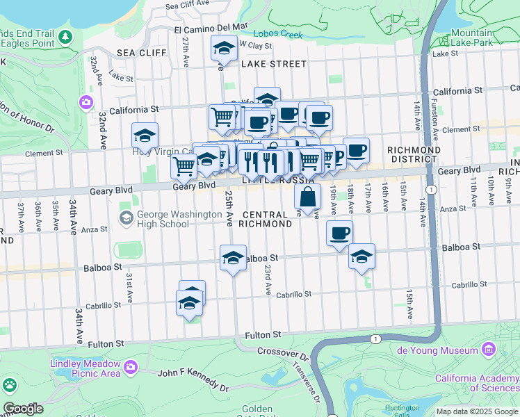 map of restaurants, bars, coffee shops, grocery stores, and more near 471 23rd Avenue in San Francisco