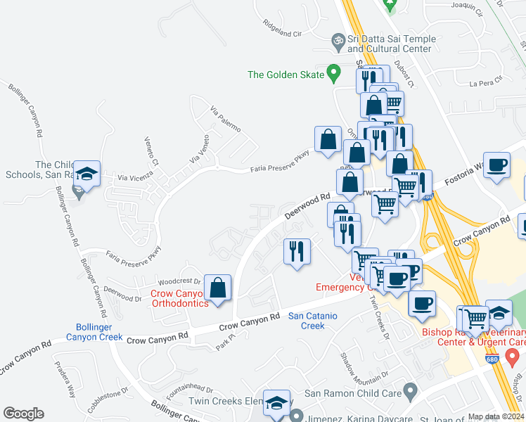 map of restaurants, bars, coffee shops, grocery stores, and more near 808 Destiny Lane in San Ramon