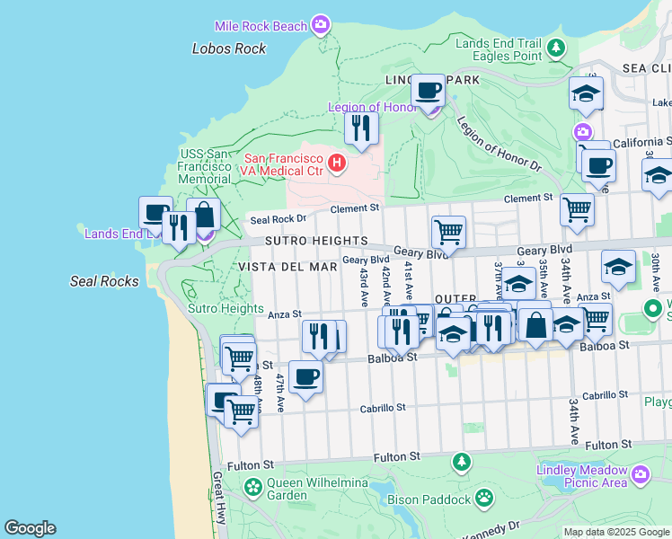 map of restaurants, bars, coffee shops, grocery stores, and more near 509 44th Avenue in San Francisco