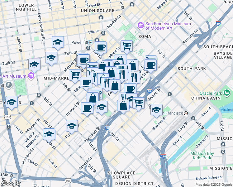 map of restaurants, bars, coffee shops, grocery stores, and more near 965 Folsom Street in San Francisco