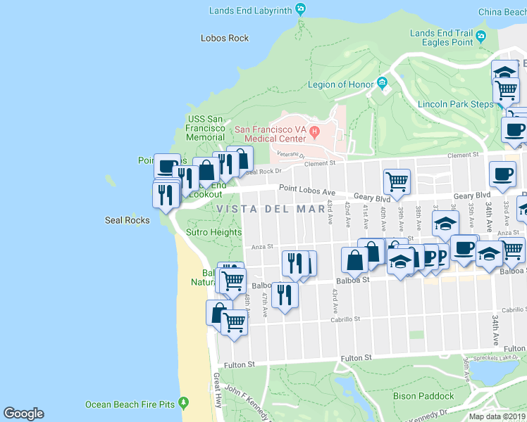map of restaurants, bars, coffee shops, grocery stores, and more near 8245 Geary Boulevard in San Francisco