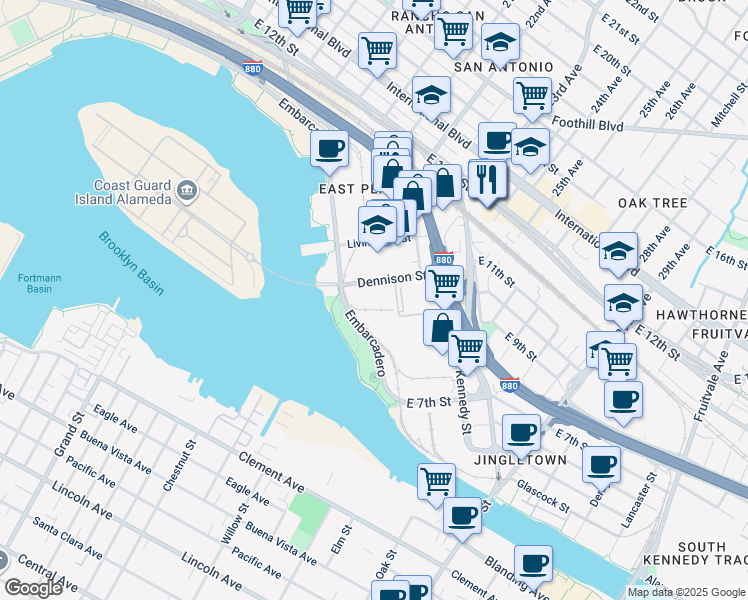 map of restaurants, bars, coffee shops, grocery stores, and more near 1905 Dennison Street in Oakland