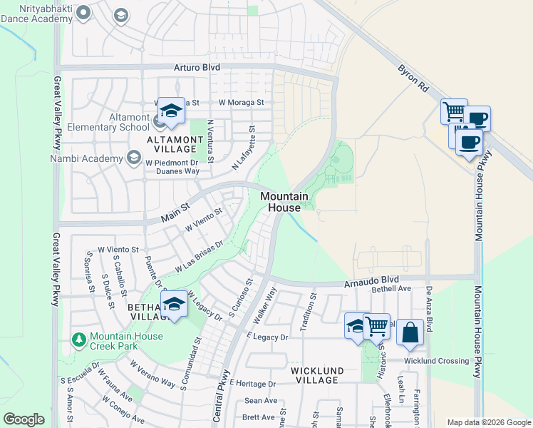 map of restaurants, bars, coffee shops, grocery stores, and more near 160 West Saltillo Lane in Mountain House