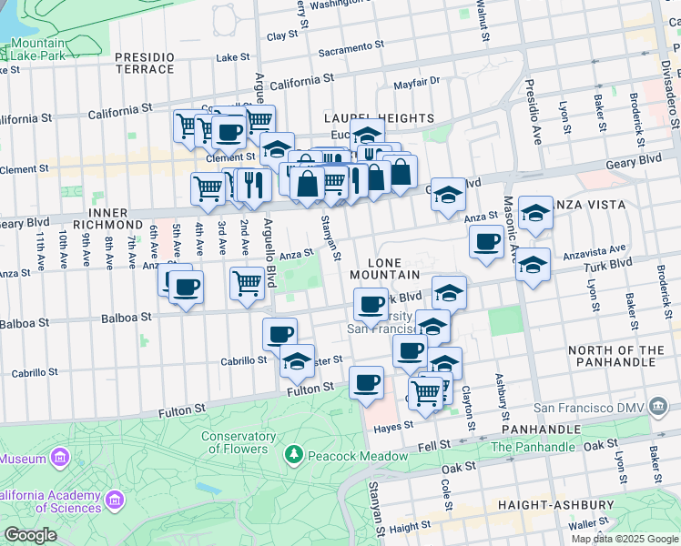map of restaurants, bars, coffee shops, grocery stores, and more near 148 Stanyan Street in San Francisco