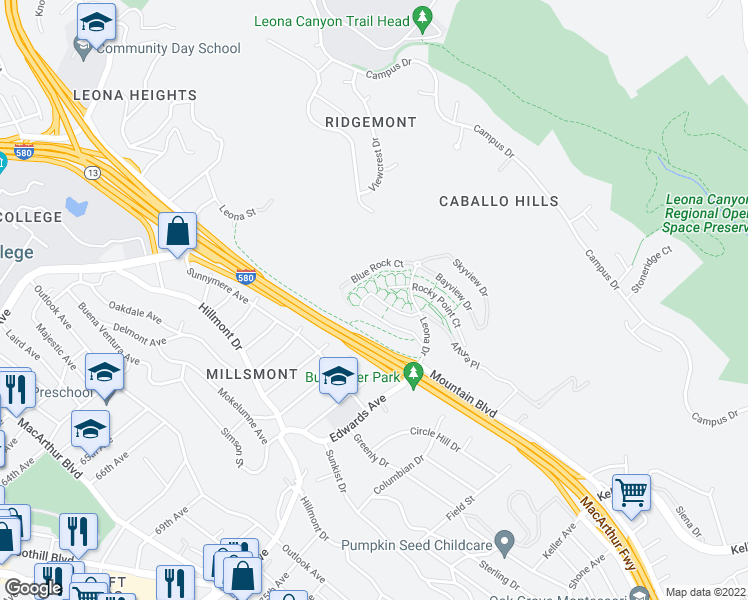 map of restaurants, bars, coffee shops, grocery stores, and more near 6067 Old Quarry Loop in Oakland