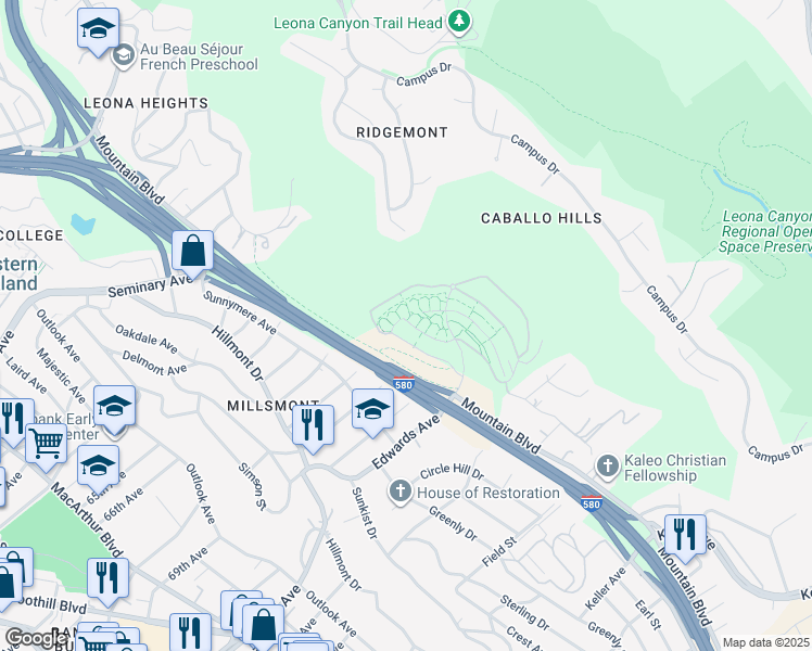 map of restaurants, bars, coffee shops, grocery stores, and more near 6071 Old Quarry Loop in Oakland