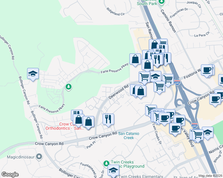 map of restaurants, bars, coffee shops, grocery stores, and more near 1105 Radiant Lane in San Ramon