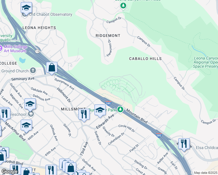 map of restaurants, bars, coffee shops, grocery stores, and more near 6071 Old Quarry Loop in Oakland