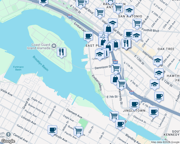 map of restaurants, bars, coffee shops, grocery stores, and more near 1899 Dennison Street in Oakland