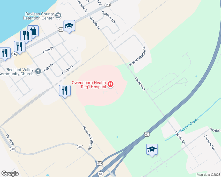 map of restaurants, bars, coffee shops, grocery stores, and more near 1201 Pleasant Valley Road in Owensboro