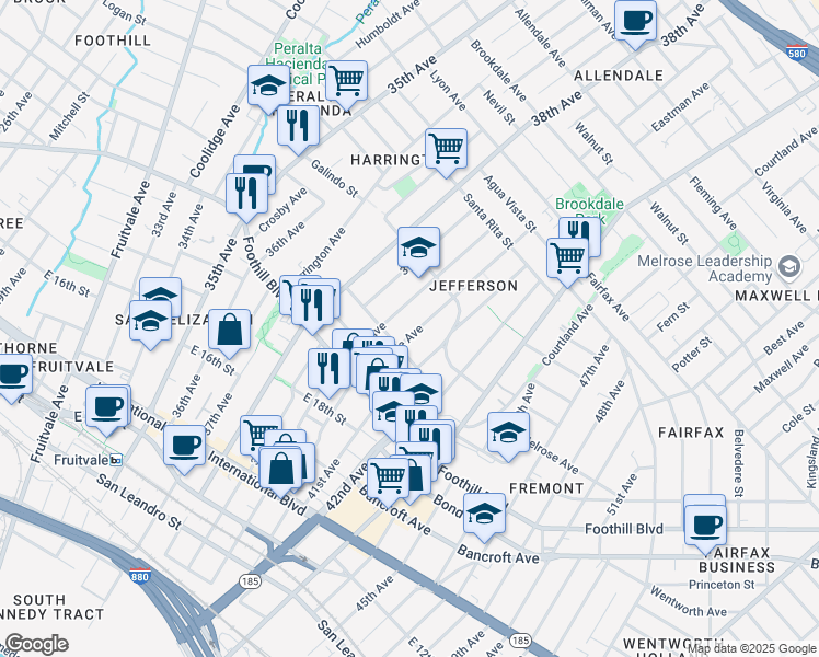 map of restaurants, bars, coffee shops, grocery stores, and more near 2025 Rosedale Avenue in Oakland