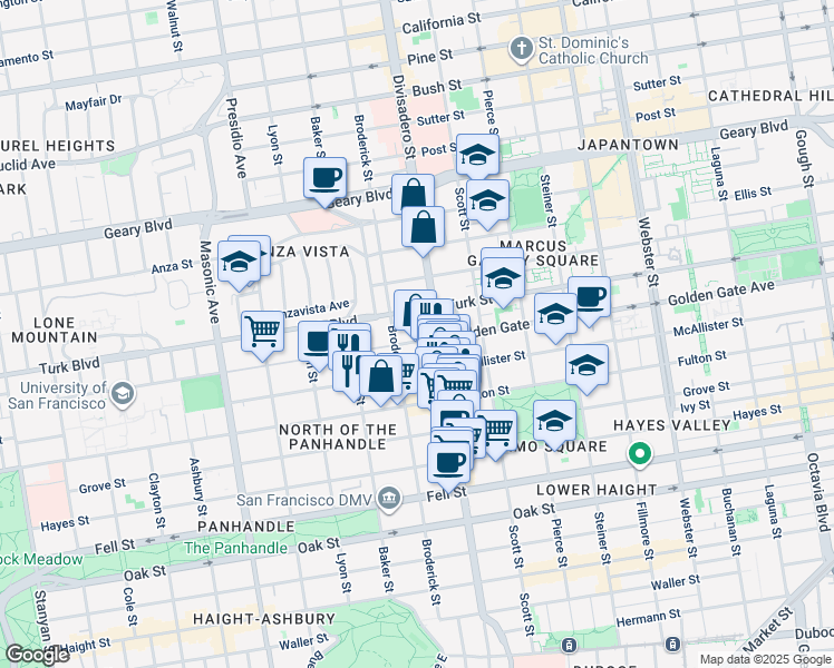 map of restaurants, bars, coffee shops, grocery stores, and more near 1720 Golden Gate Avenue in San Francisco