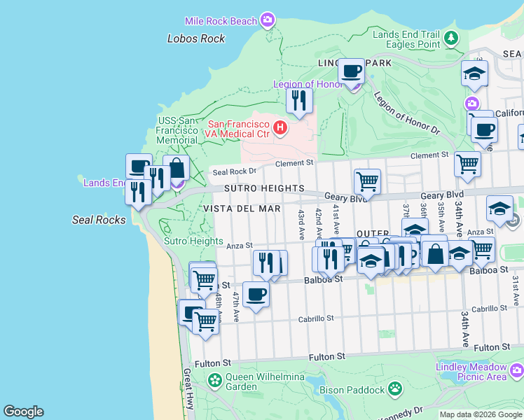 map of restaurants, bars, coffee shops, grocery stores, and more near 8101 Geary Boulevard in San Francisco