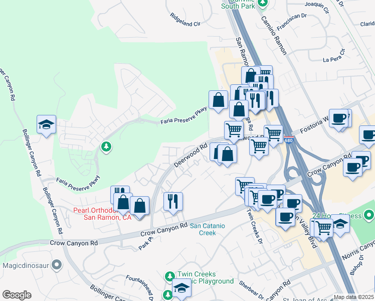 map of restaurants, bars, coffee shops, grocery stores, and more near 1308 Dawn Court in San Ramon