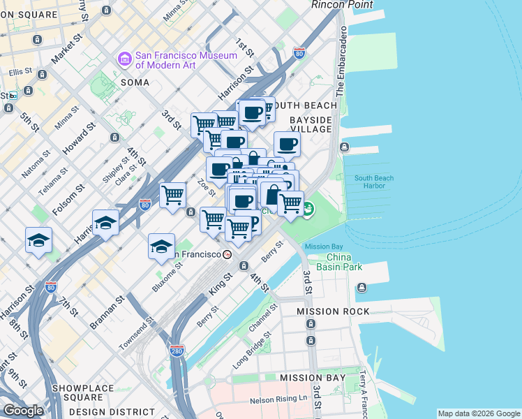 map of restaurants, bars, coffee shops, grocery stores, and more near 3rd St & Townsend St in San Francisco