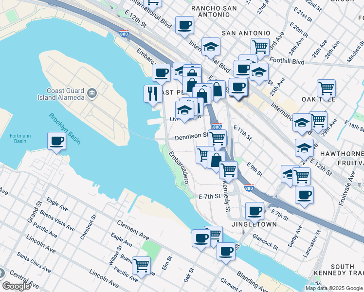 map of restaurants, bars, coffee shops, grocery stores, and more near 1905-1999 Dennison St in Oakland
