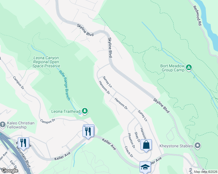 map of restaurants, bars, coffee shops, grocery stores, and more near 7661 Surrey Lane in Oakland
