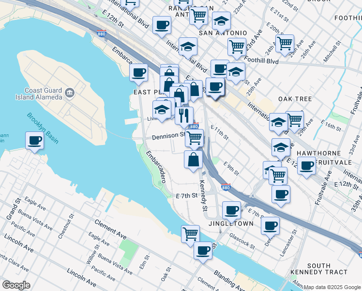map of restaurants, bars, coffee shops, grocery stores, and more near 955 Kennedy Street in Oakland