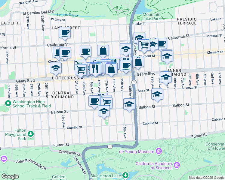 map of restaurants, bars, coffee shops, grocery stores, and more near 481 16th Avenue in San Francisco