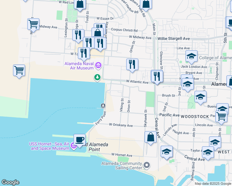 map of restaurants, bars, coffee shops, grocery stores, and more near 1800 Ferry Point in Alameda